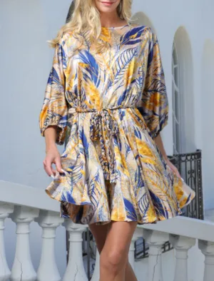 3/4 Dolman Sleeve Braid Belted Ruffle Hem Mini Dress