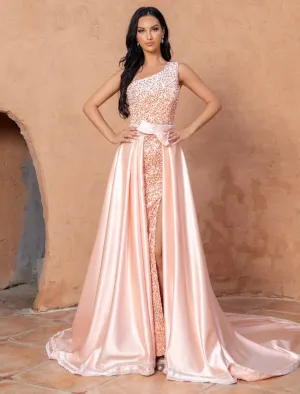 A-Line Mermaid / Trumpet Cocktail Dresses Sexy Dress Wedding Party Court Train Sleeveless One Shoulder Sequined with Sequin Overskirt