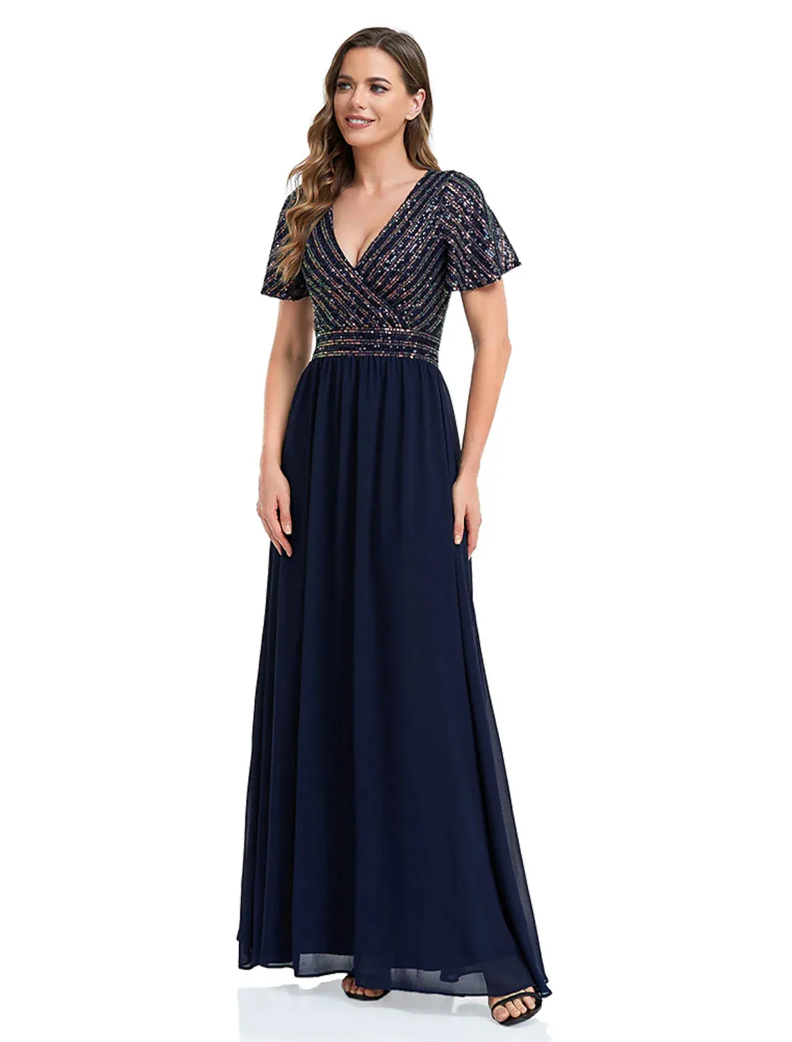 A-Line Mermaid / Trumpet Evening Gown Elegant Dress Christmas Floor Length Short Sleeve V Neck Sequined with Sequin
