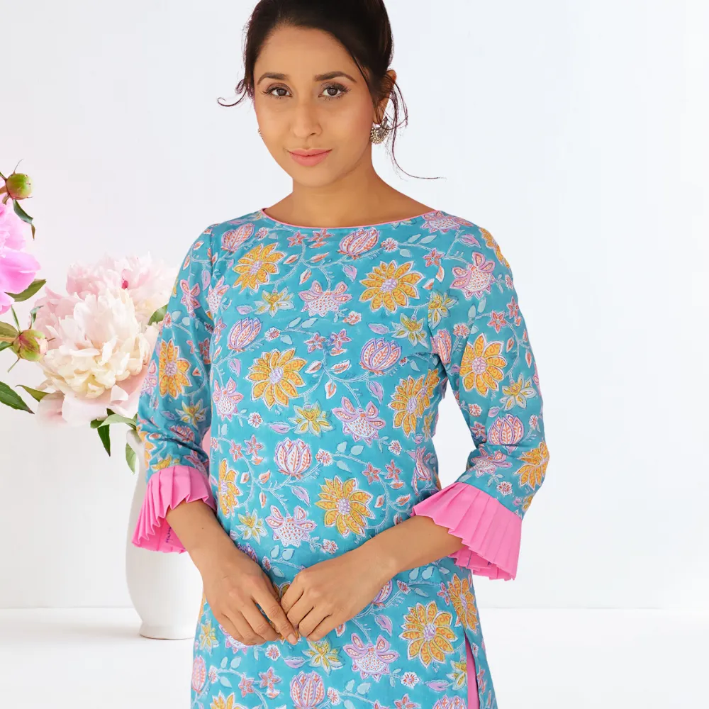 Azure Suit Set | Hand-block Print | Festive Wear | Teal And Pink