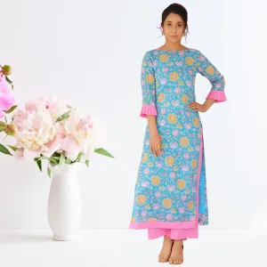 Azure Suit Set | Hand-block Print | Festive Wear | Teal And Pink