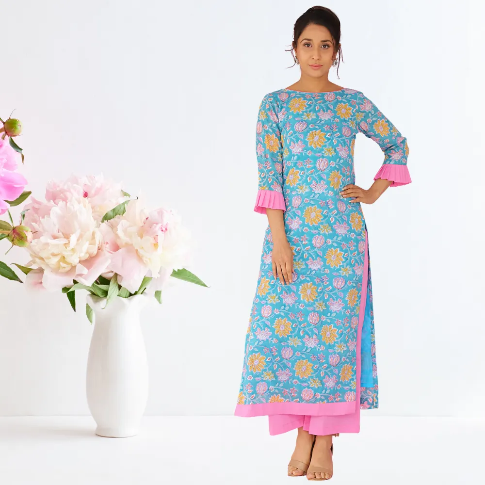 Azure Suit Set | Hand-block Print | Festive Wear | Teal And Pink