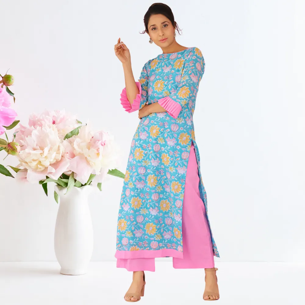 Azure Suit Set | Hand-block Print | Festive Wear | Teal And Pink