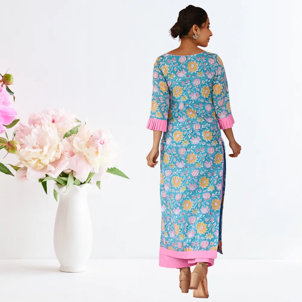 Azure Suit Set | Hand-block Print | Festive Wear | Teal And Pink