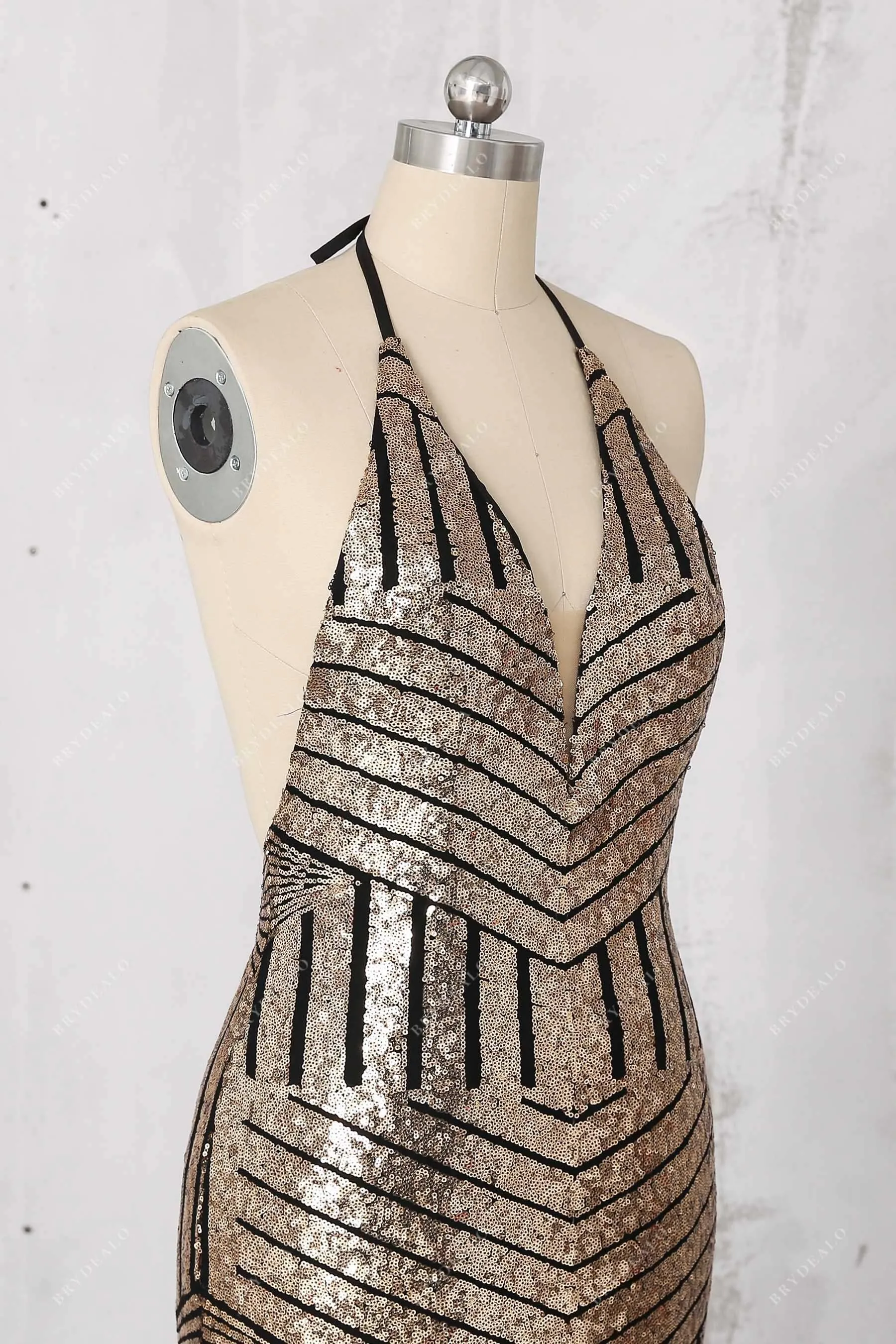 Black Base Gold Sequin Halter Backless Mermaid Dress