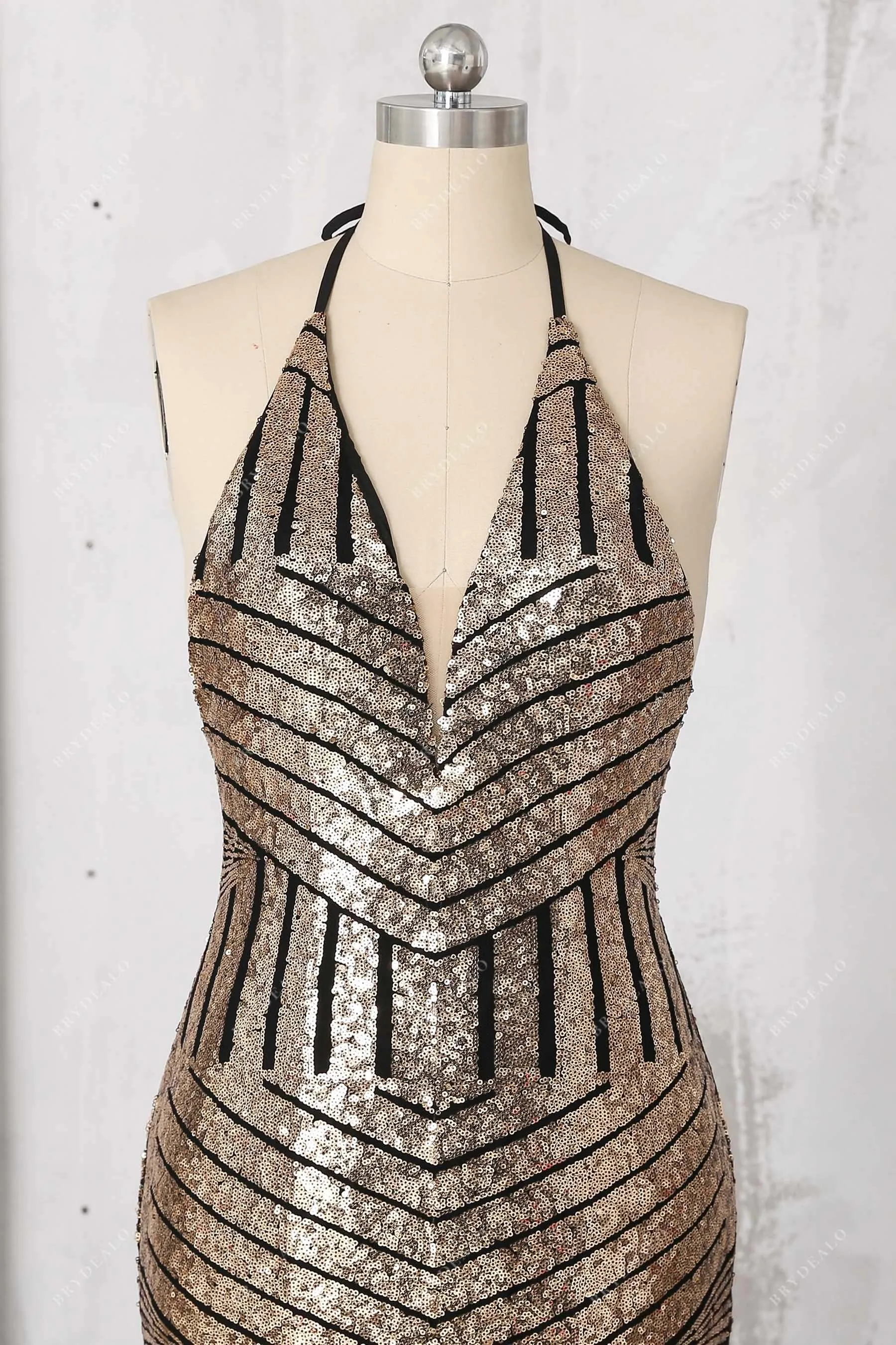 Black Base Gold Sequin Halter Backless Mermaid Dress