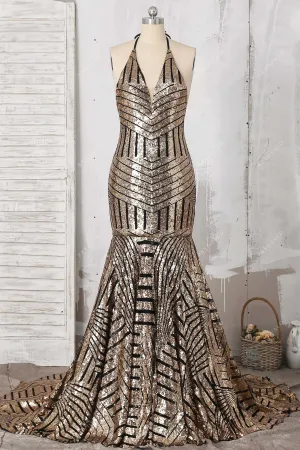 Black Base Gold Sequin Halter Backless Mermaid Dress