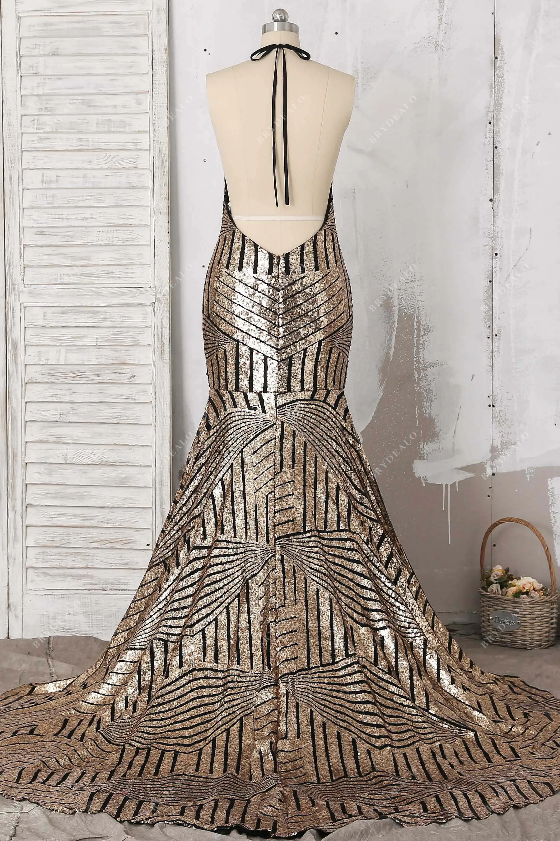 Black Base Gold Sequin Halter Backless Mermaid Dress