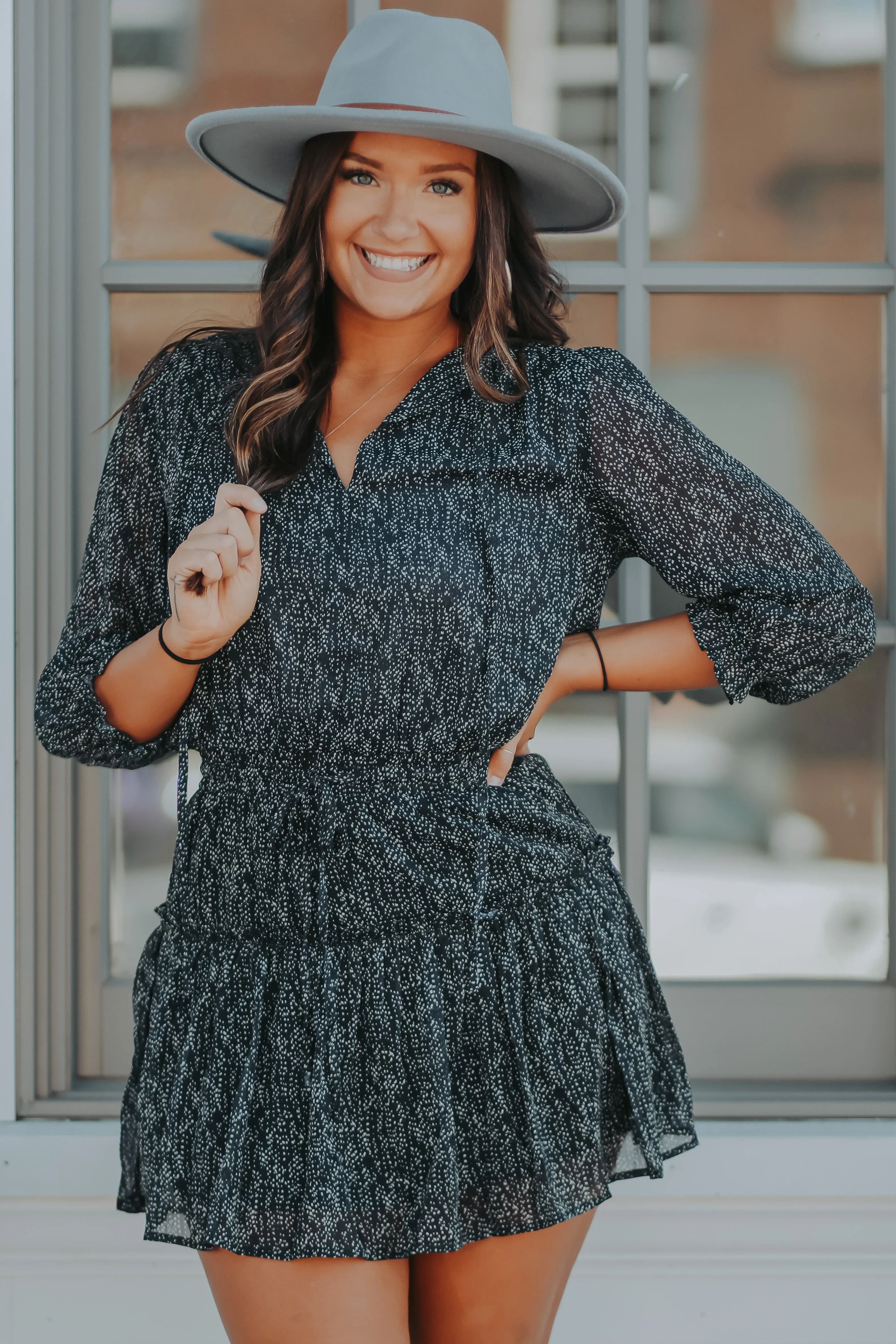 Black Dot Ruffle 3/4 Sleeve Mini Dress