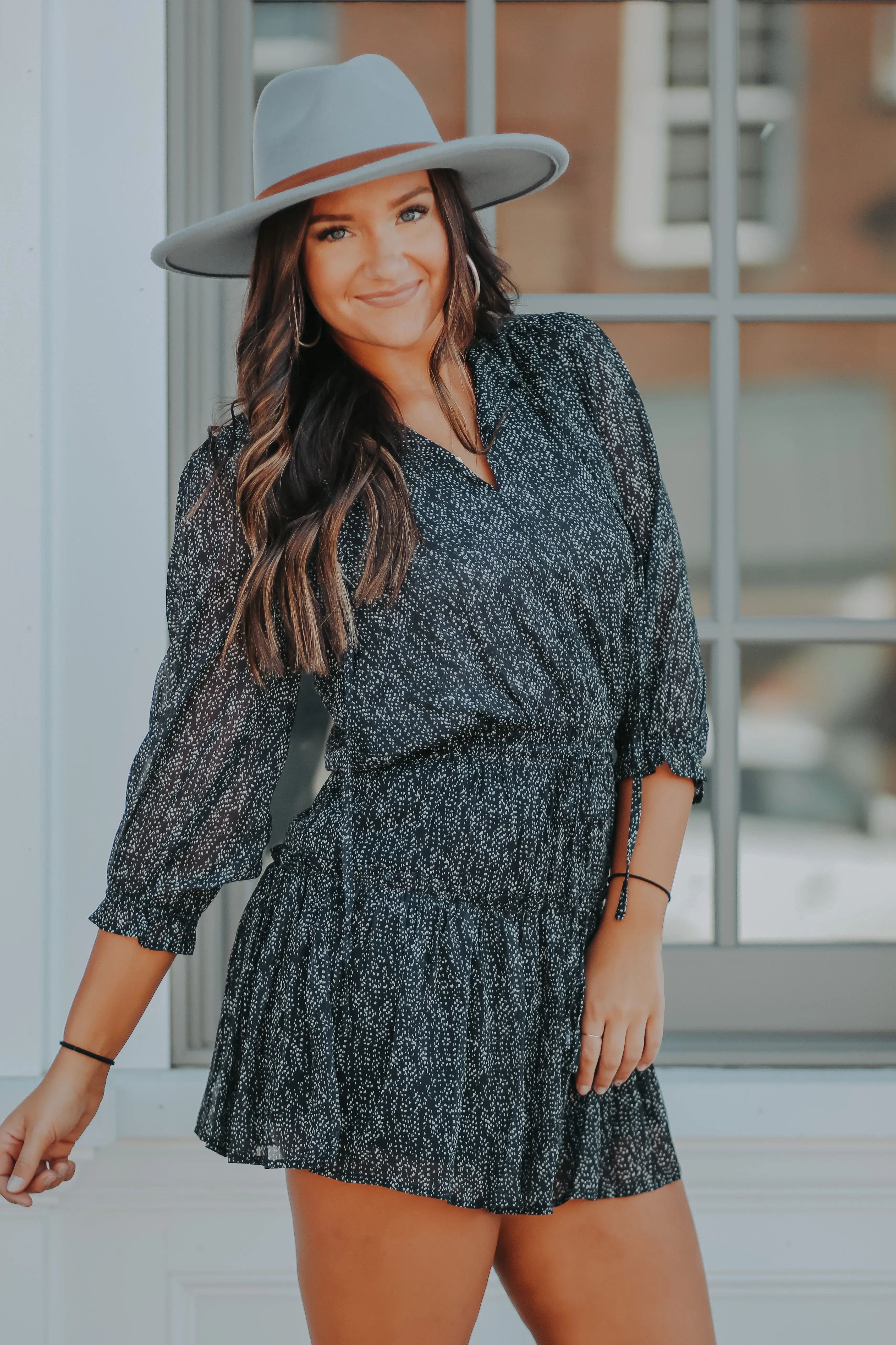 Black Dot Ruffle 3/4 Sleeve Mini Dress