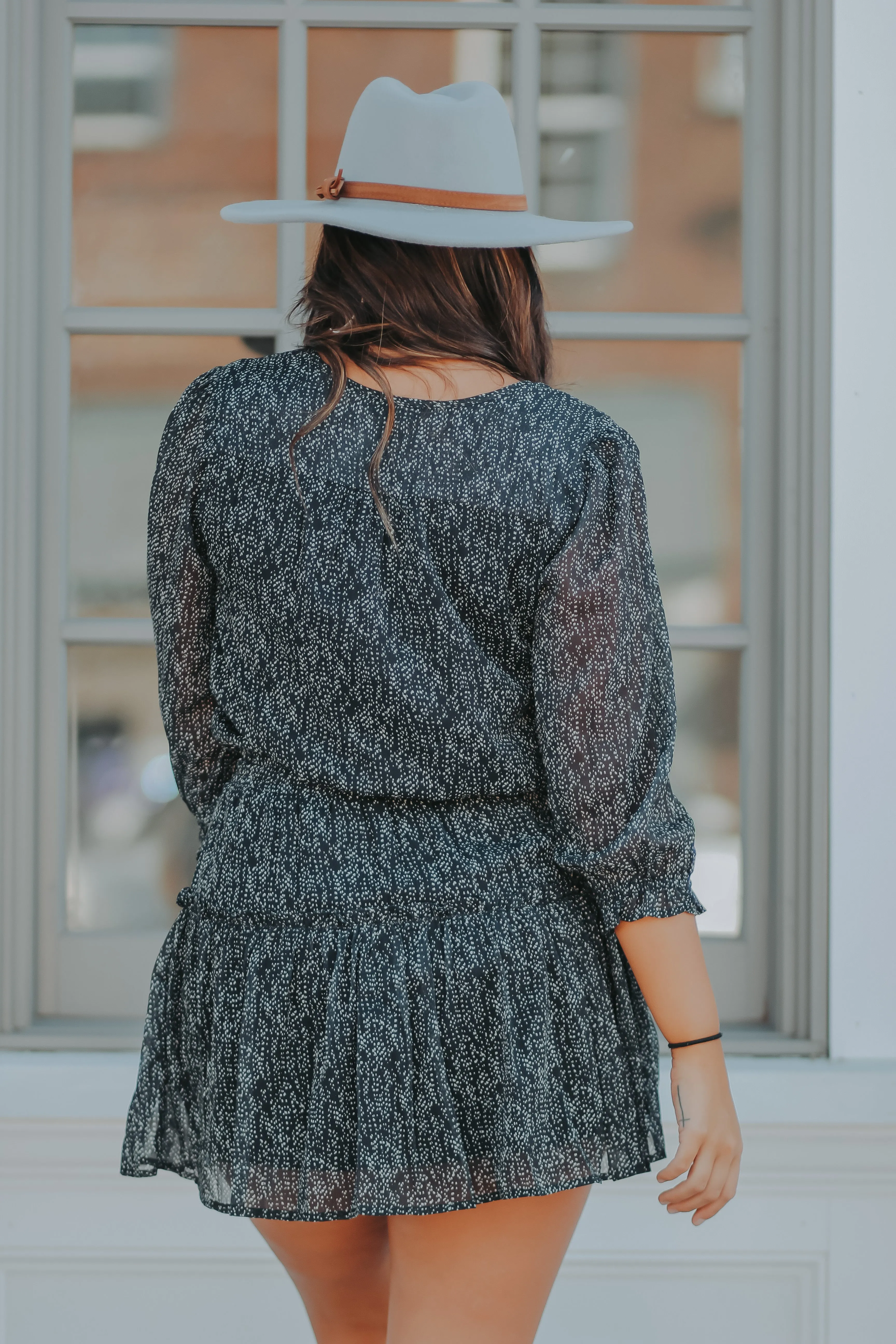 Black Dot Ruffle 3/4 Sleeve Mini Dress