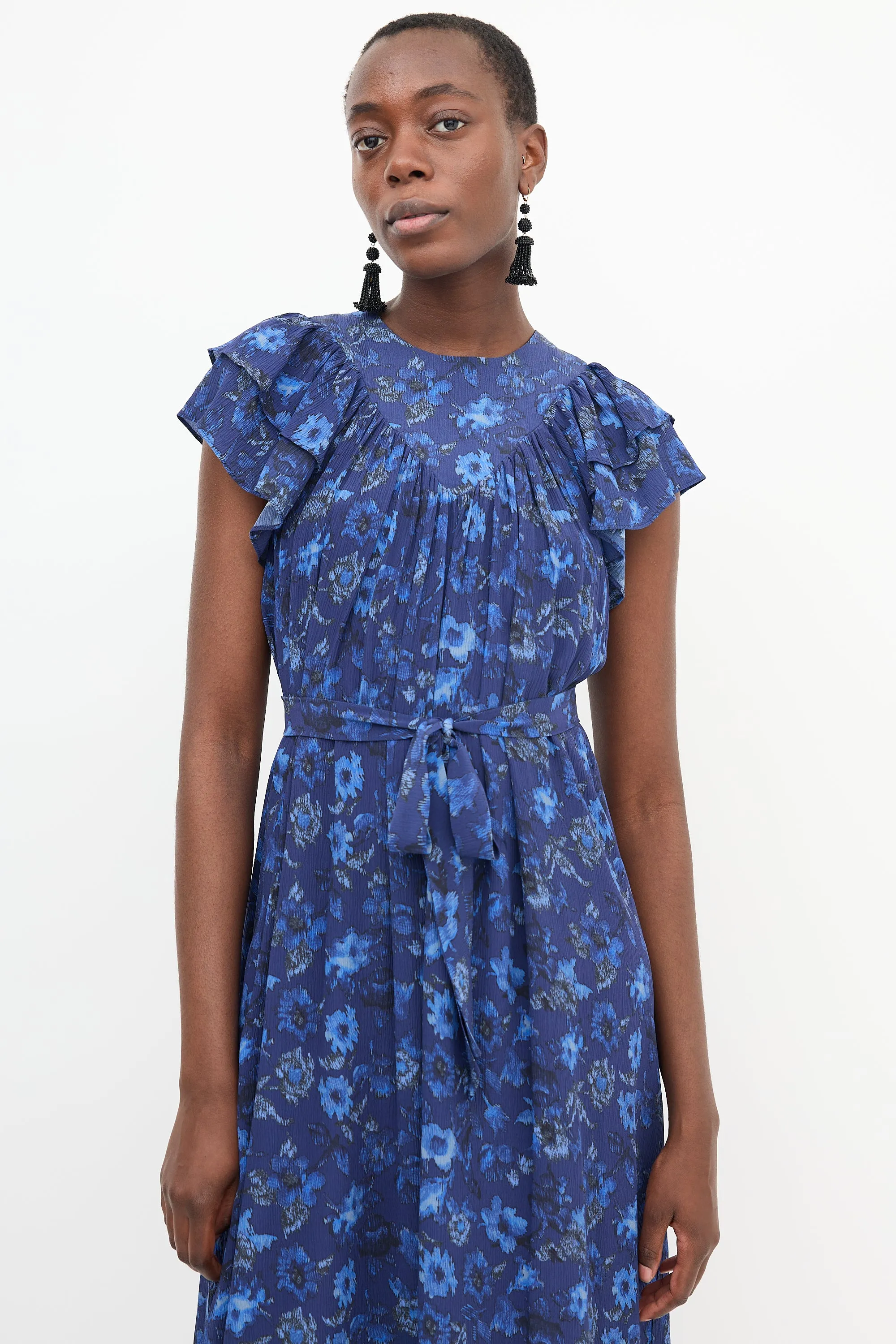 Blue Floral Ruffle Sleeve Dress