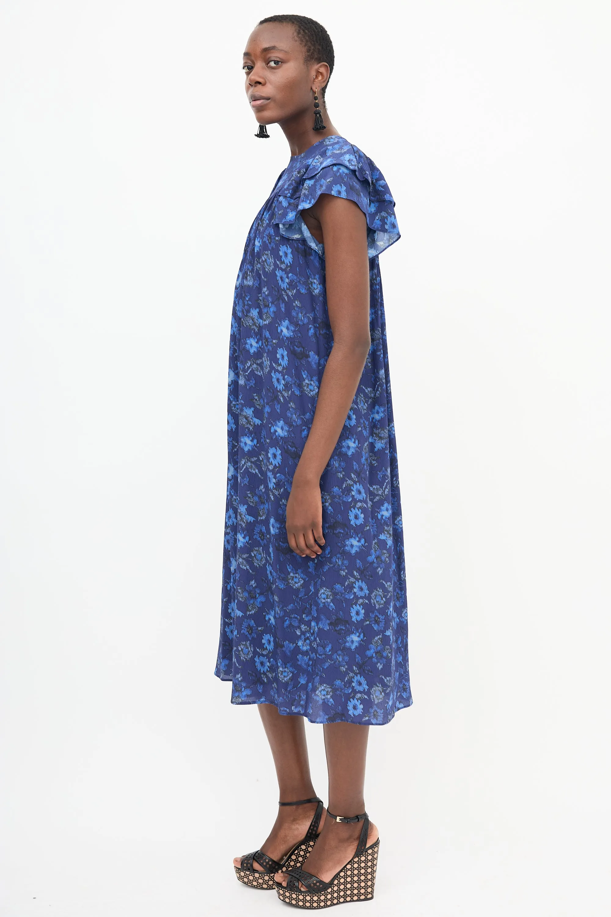 Blue Floral Ruffle Sleeve Dress