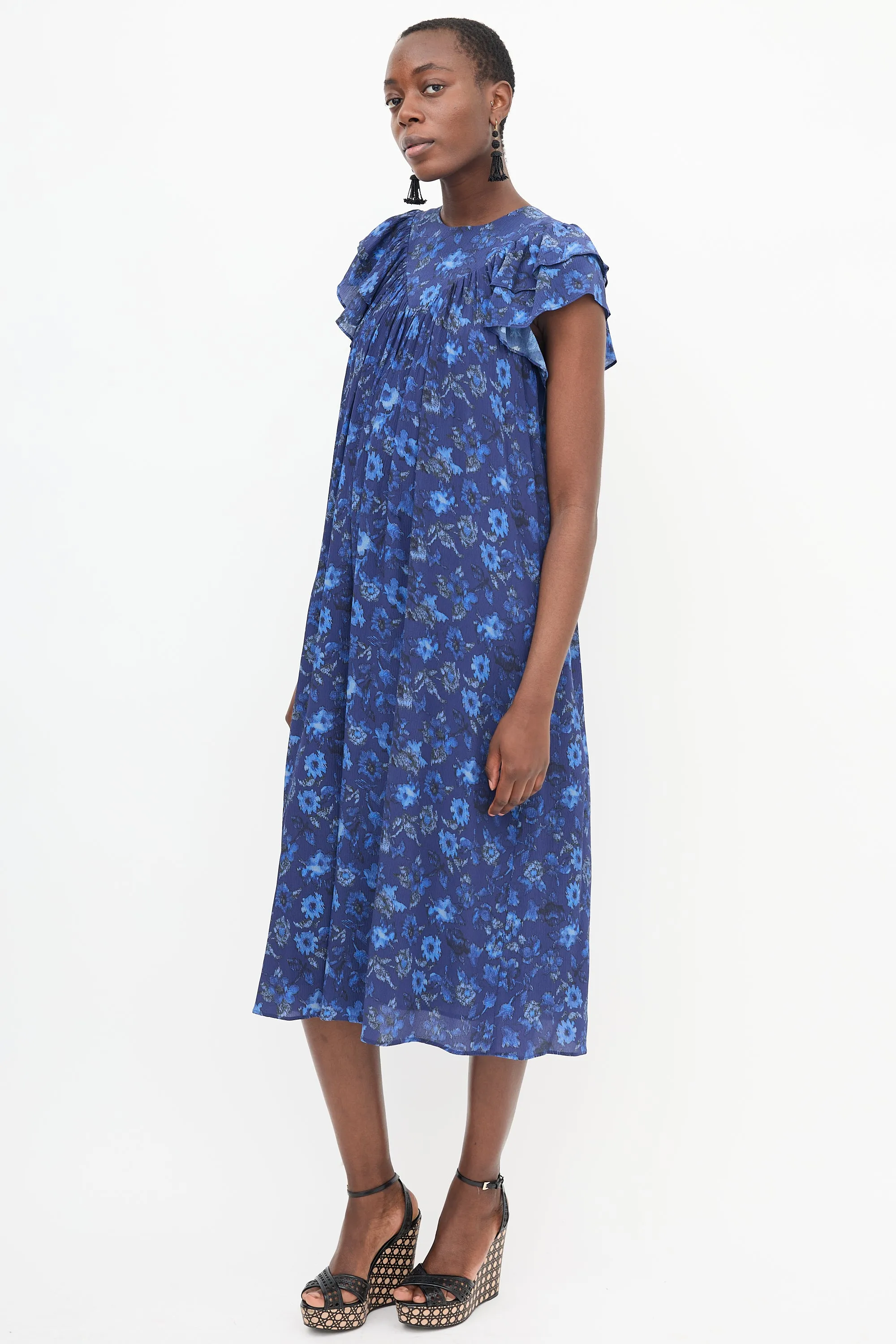 Blue Floral Ruffle Sleeve Dress