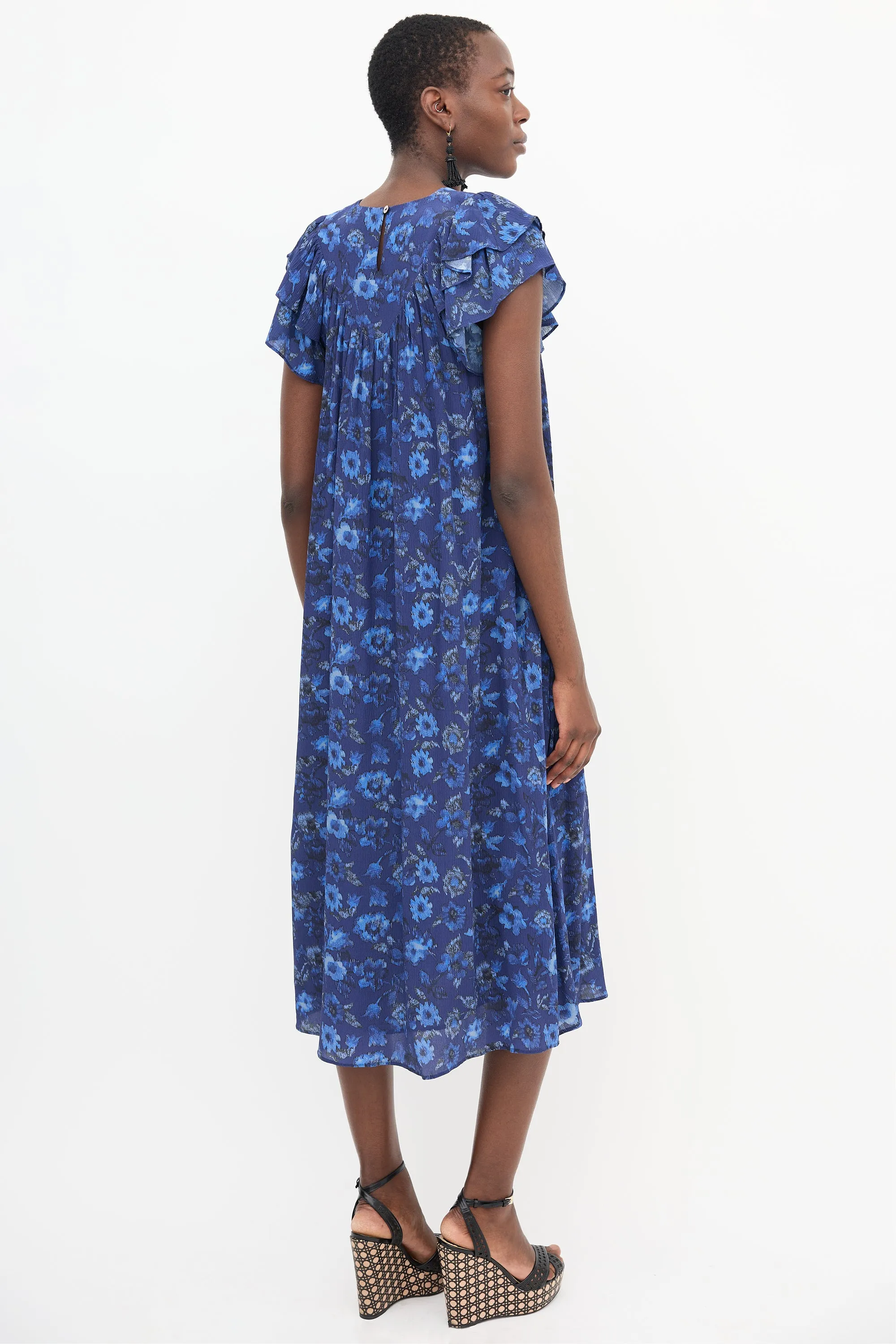 Blue Floral Ruffle Sleeve Dress