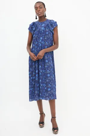Blue Floral Ruffle Sleeve Dress