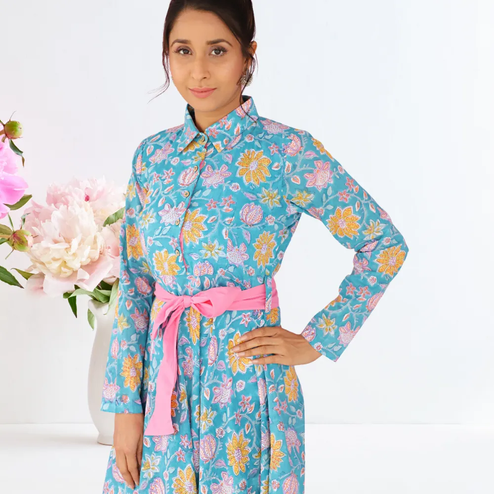 Bow Dress | Block Print | Handcrafted | Day Wear | Teal And Pink