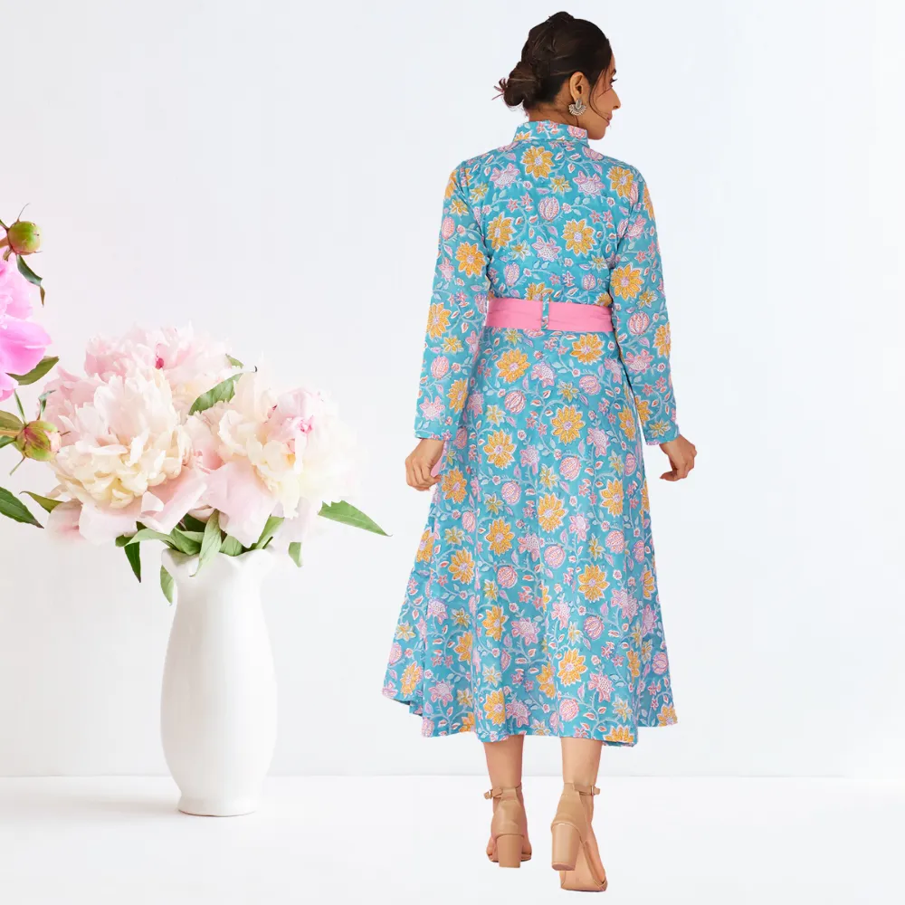 Bow Dress | Block Print | Handcrafted | Day Wear | Teal And Pink