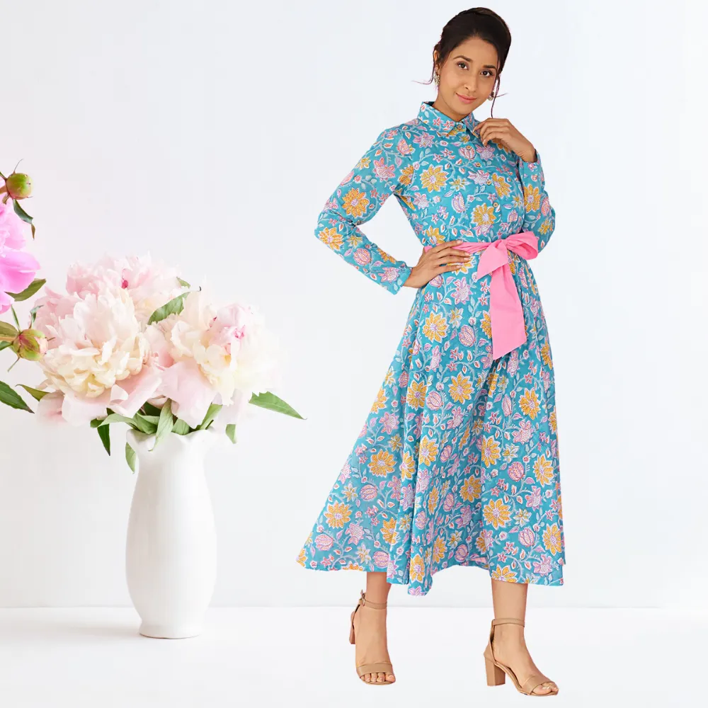 Bow Dress | Block Print | Handcrafted | Day Wear | Teal And Pink