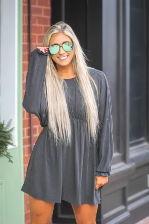 Charcoal Ruffle Hem Bubble Sleeve Mini Dress