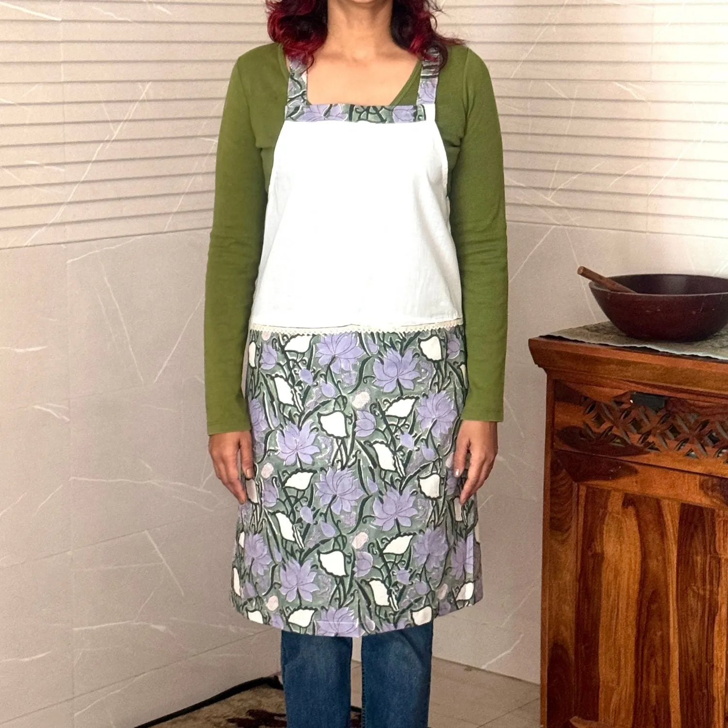 Dual Tone Sanganeri Hand Block Printed Cotton Apron with Pockets