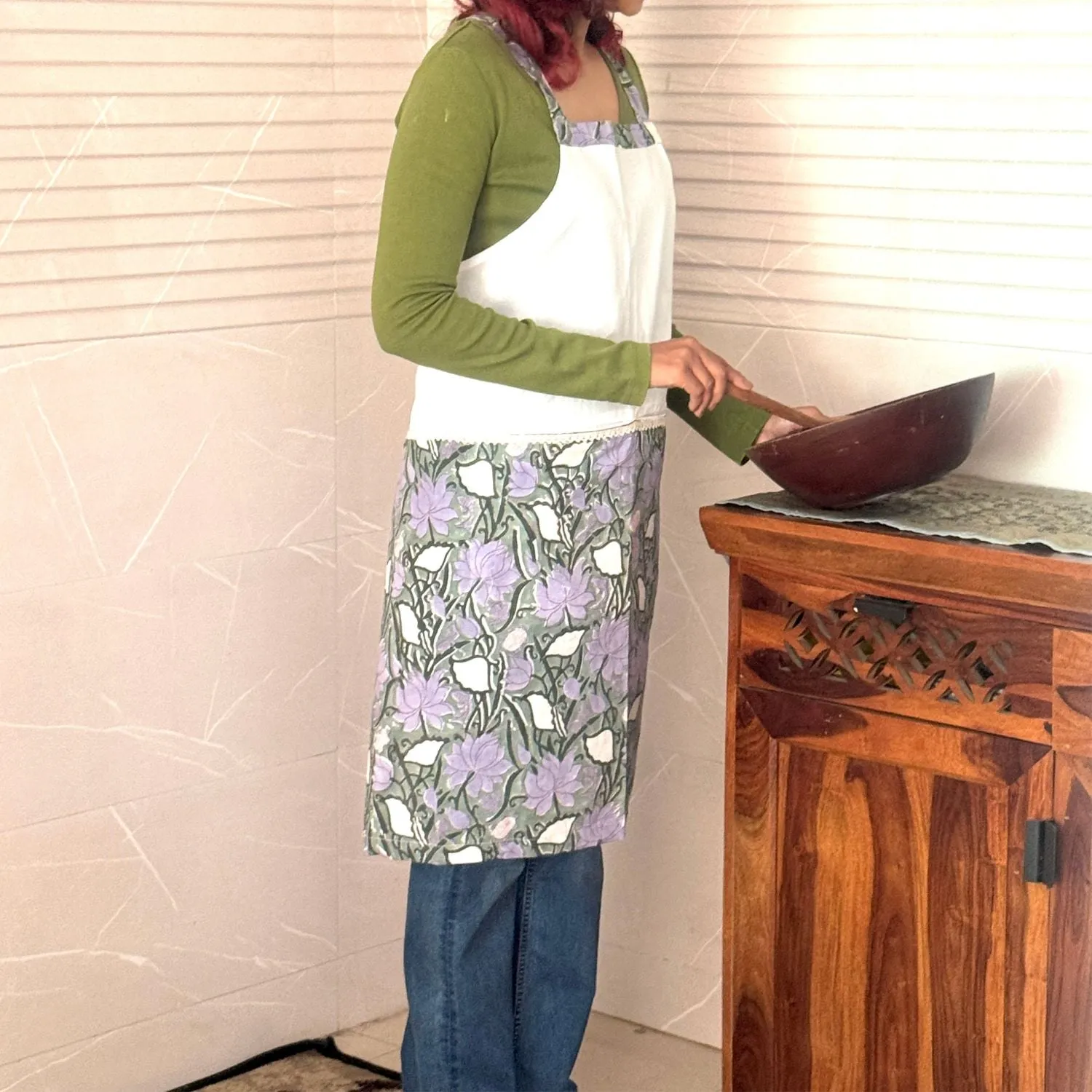 Dual Tone Sanganeri Hand Block Printed Cotton Apron with Pockets