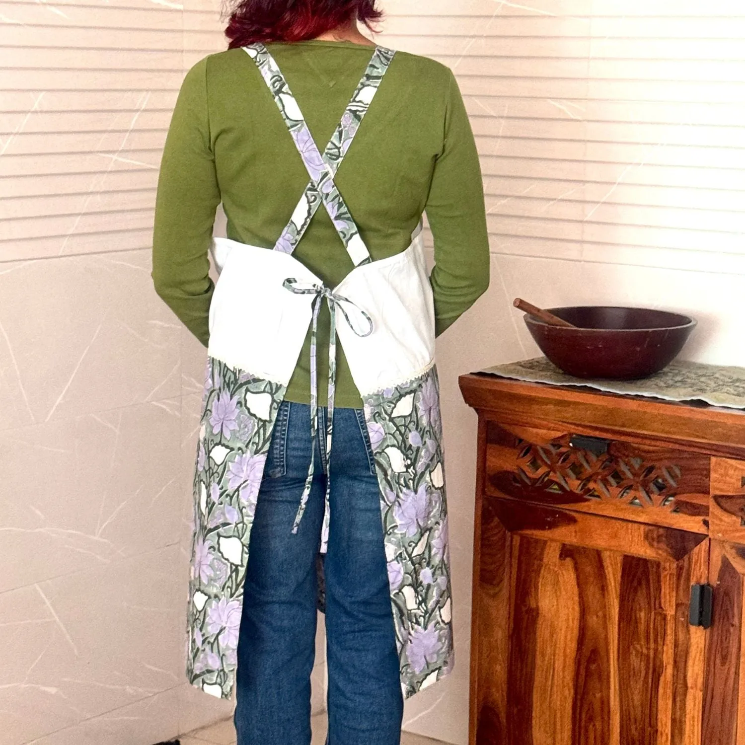 Dual Tone Sanganeri Hand Block Printed Cotton Apron with Pockets