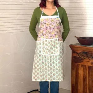 Elegant Pastel Hues Sanganeri Block-Print Apron with Front Pocket | Cotton