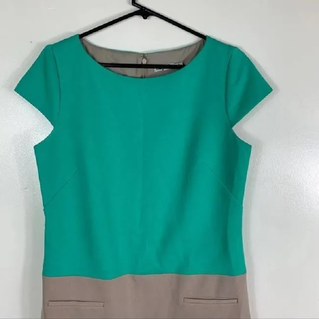 Eliza J Green And Beige Teal Taupe Colorblock Cap Sleeves Short Casual Dress