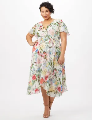 Floral Chiffon Wrap Ruffle Dress - Plus