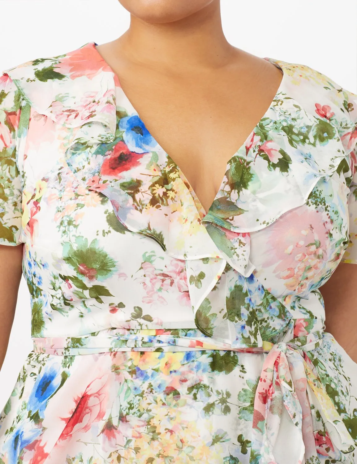 Floral Chiffon Wrap Ruffle Dress - Plus