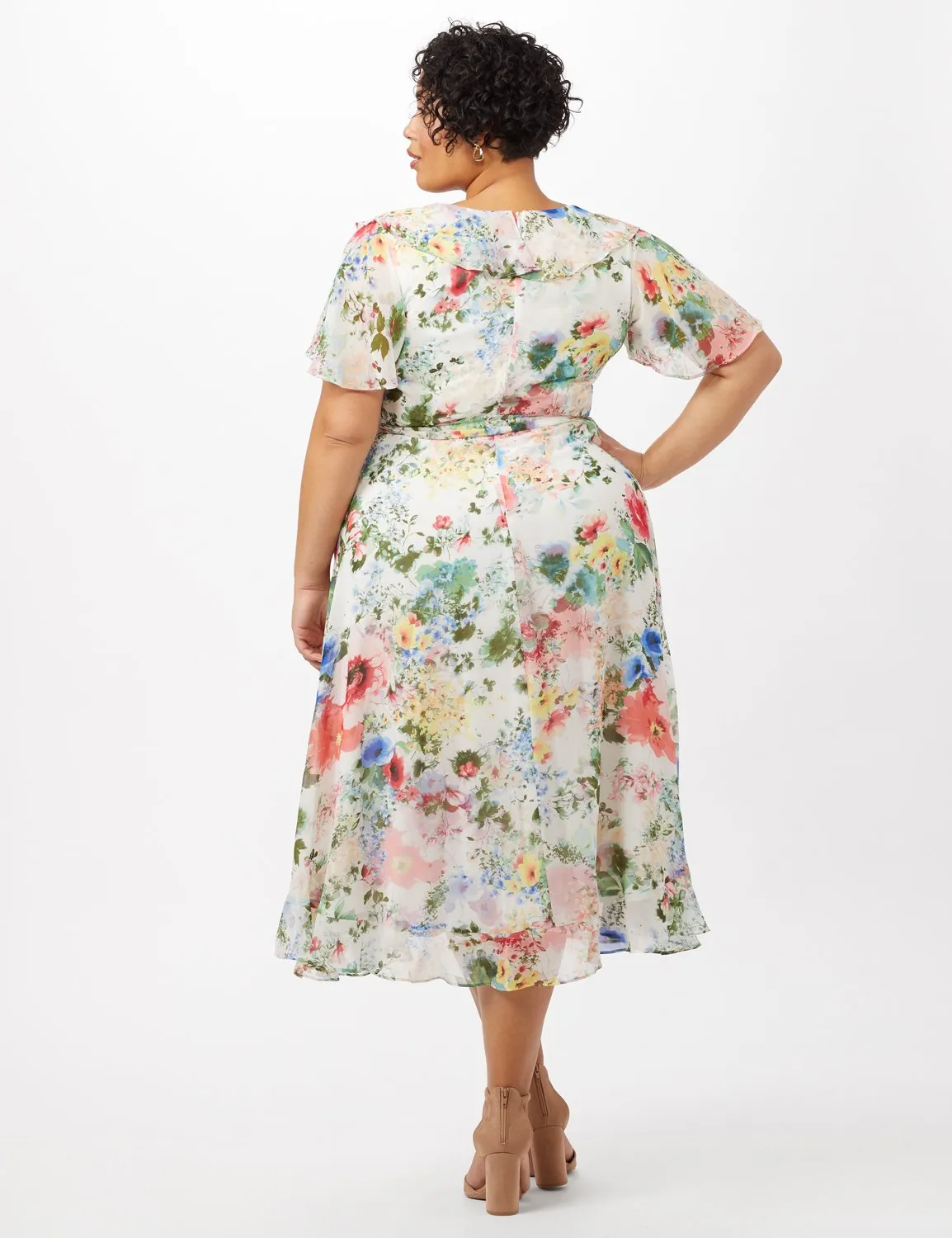 Floral Chiffon Wrap Ruffle Dress - Plus