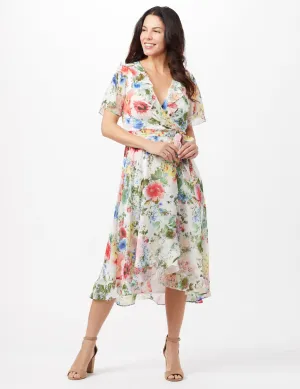 Floral Chiffon Wrap Ruffle Dress