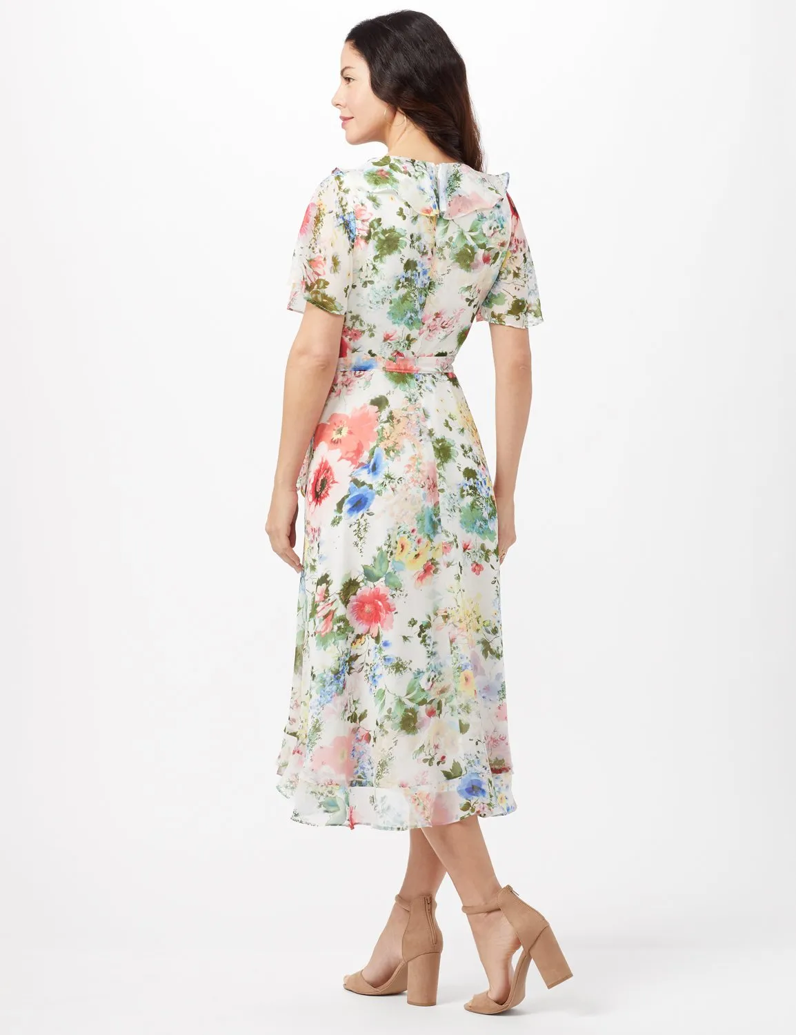 Floral Chiffon Wrap Ruffle Dress