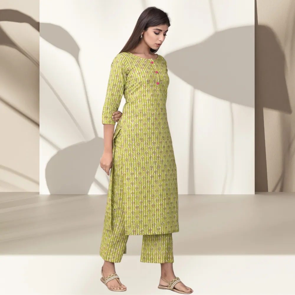 Kachhi Kari Kurta Set | Handblock Printed | Festivities | Green And Pink