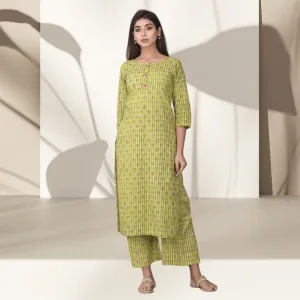 Kachhi Kari Kurta Set | Handblock Printed | Festivities | Green And Pink