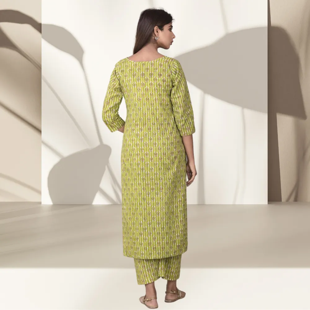 Kachhi Kari Kurta Set | Handblock Printed | Festivities | Green And Pink