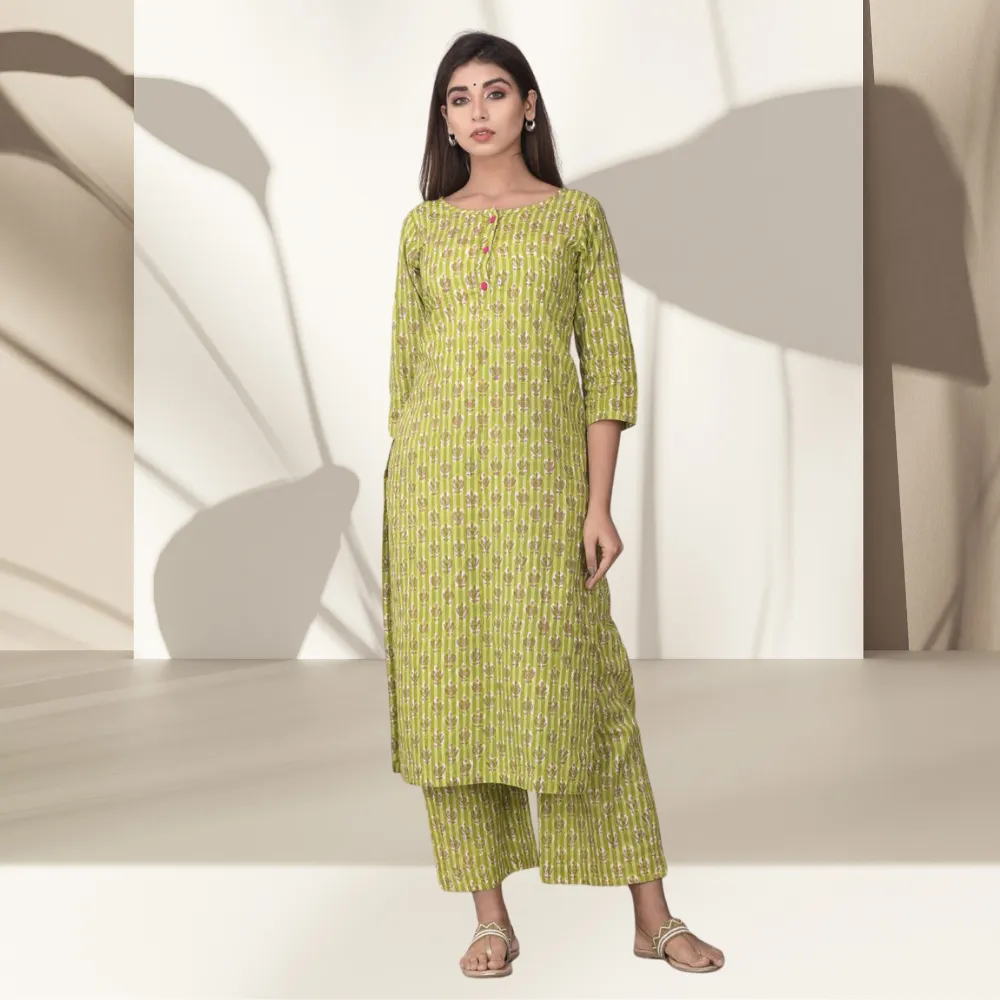 Kachhi Kari Kurta Set | Handblock Printed | Festivities | Green And Pink