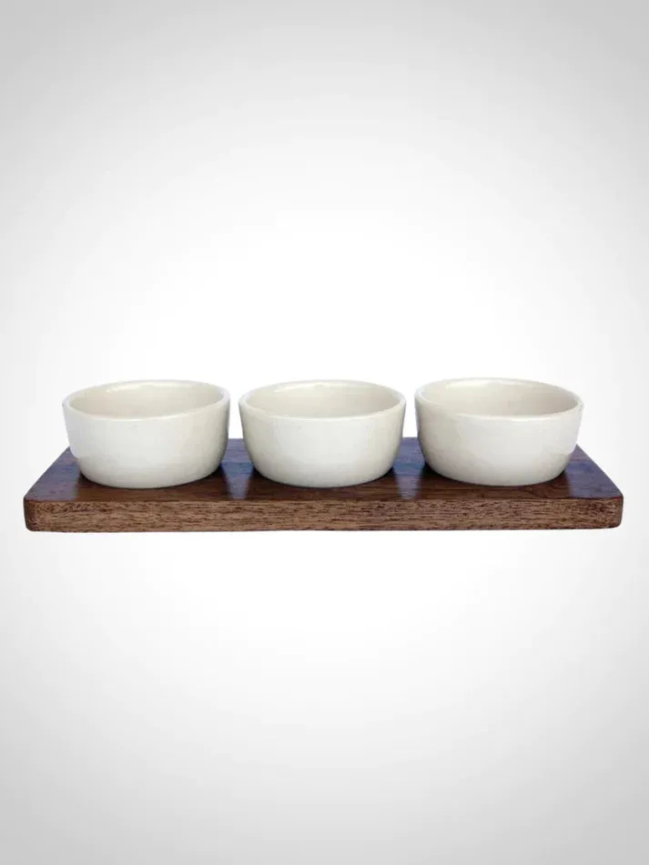 Mango Wood Tray w/ 3 Stoneware Bowls