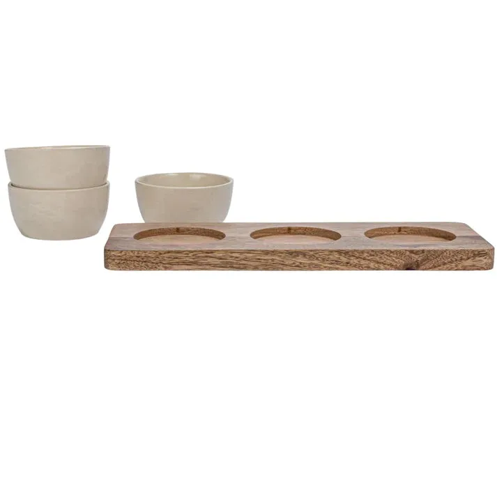 Mango Wood Tray w/ 3 Stoneware Bowls
