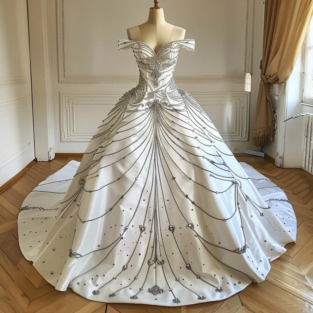 Rosie  Elegant Sequin   Off Shoulder Touch White  Ball Gown Wedding Dress