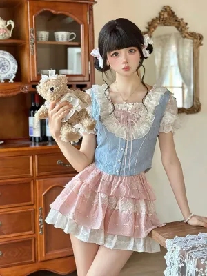 Ruffle Sleeve Vest   Balloon Shirt Puff Skirt