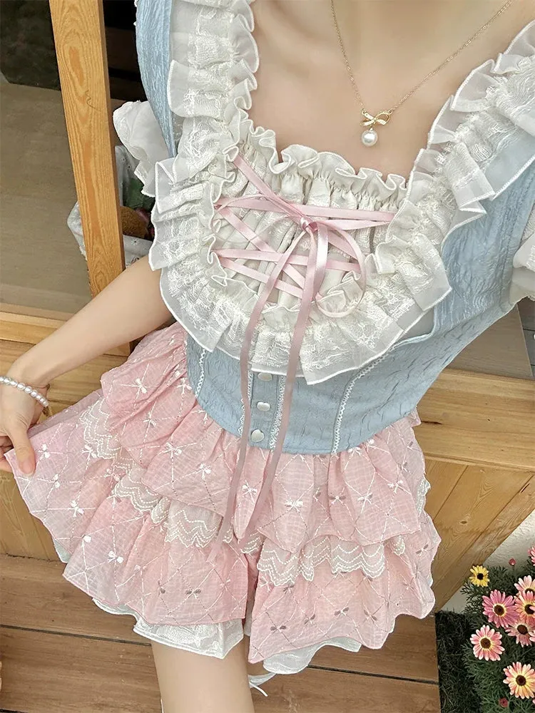 Ruffle Sleeve Vest   Balloon Shirt Puff Skirt