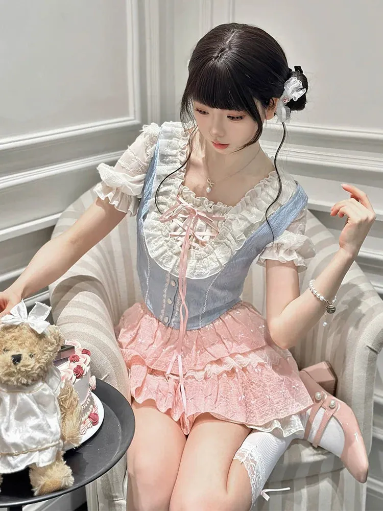 Ruffle Sleeve Vest   Balloon Shirt Puff Skirt