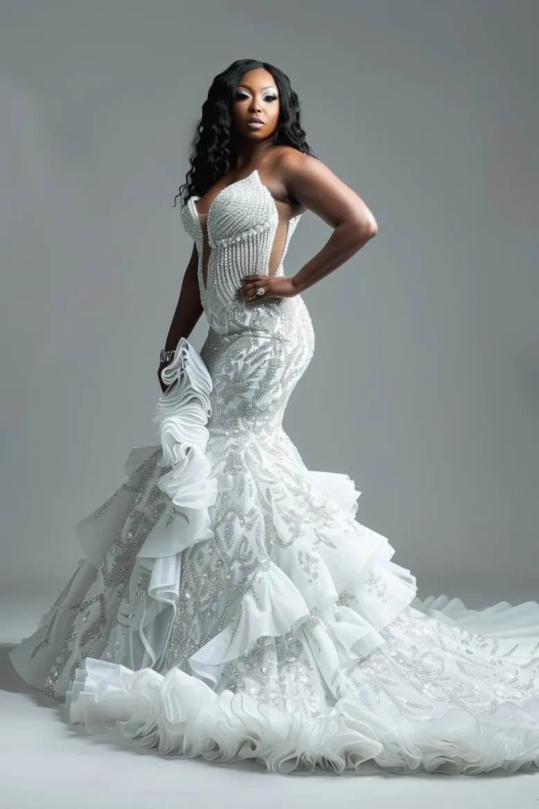 Skyla  Elegant Sequin off Shoulder  White Mermaid Gown  Wedding Dress