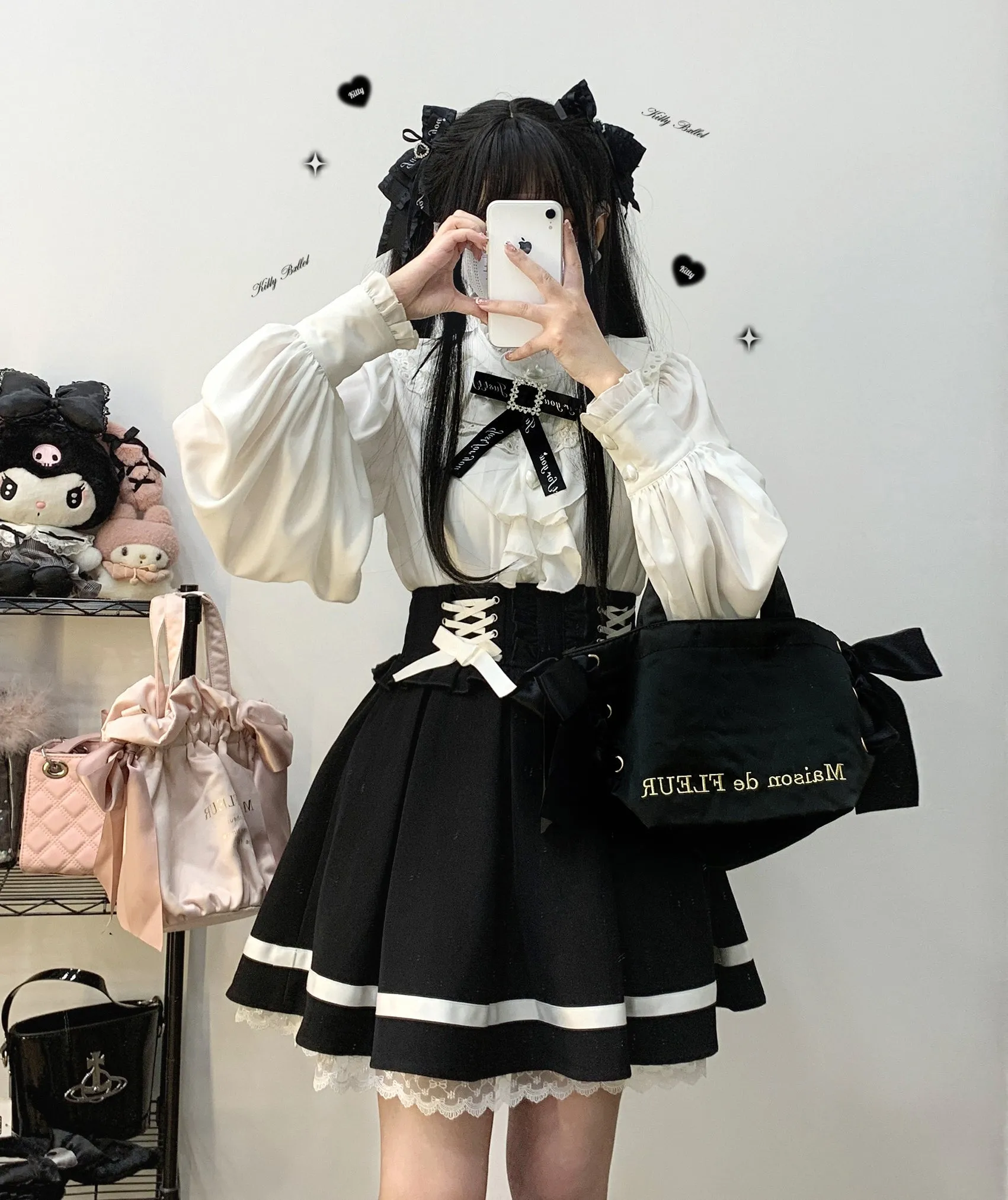 Stand Collar Loose Ruffle Volume Sleeve Ribbon Shirt