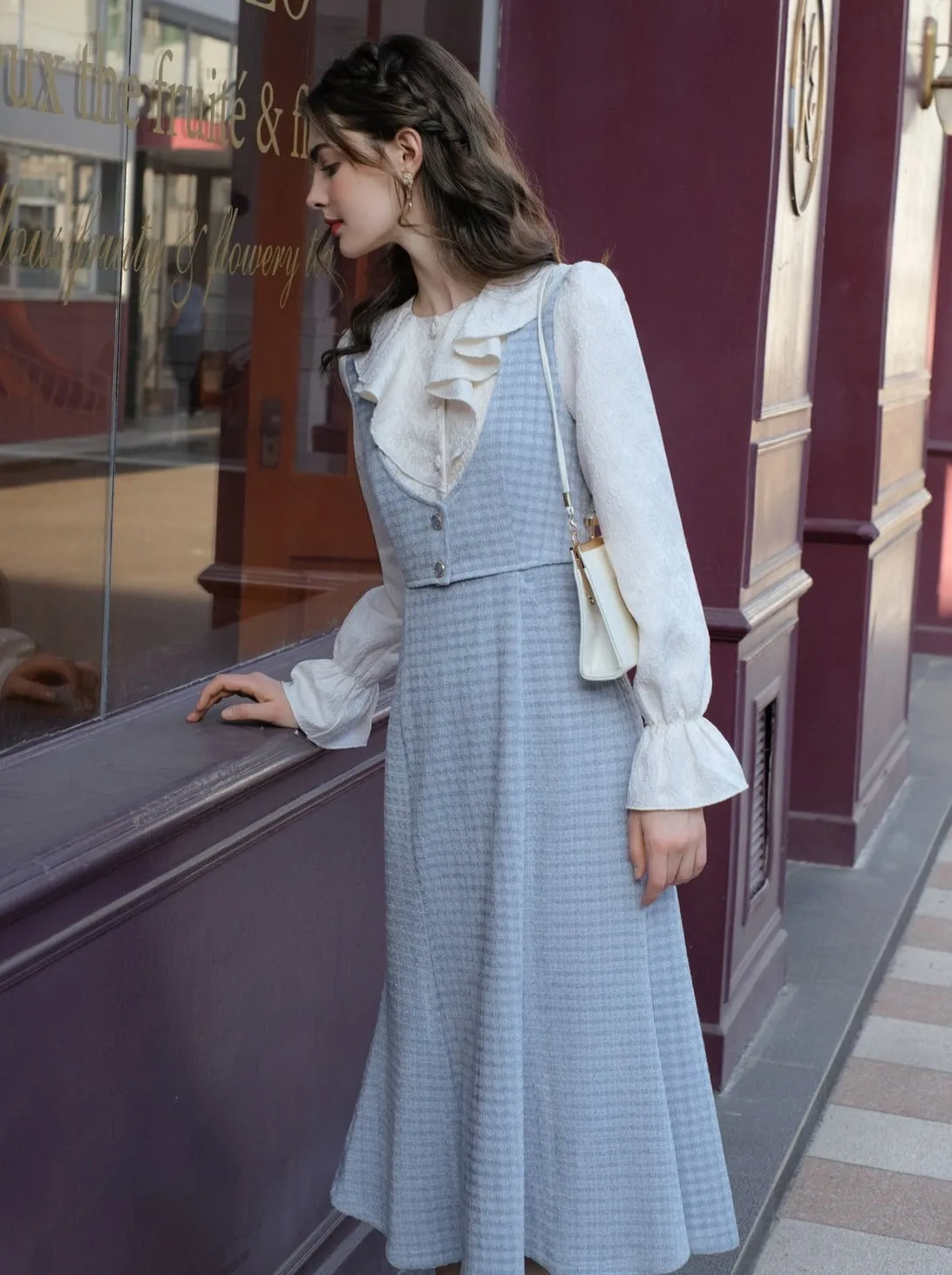 Two Retro Ruffle Check Letter Faux Piece French Dress