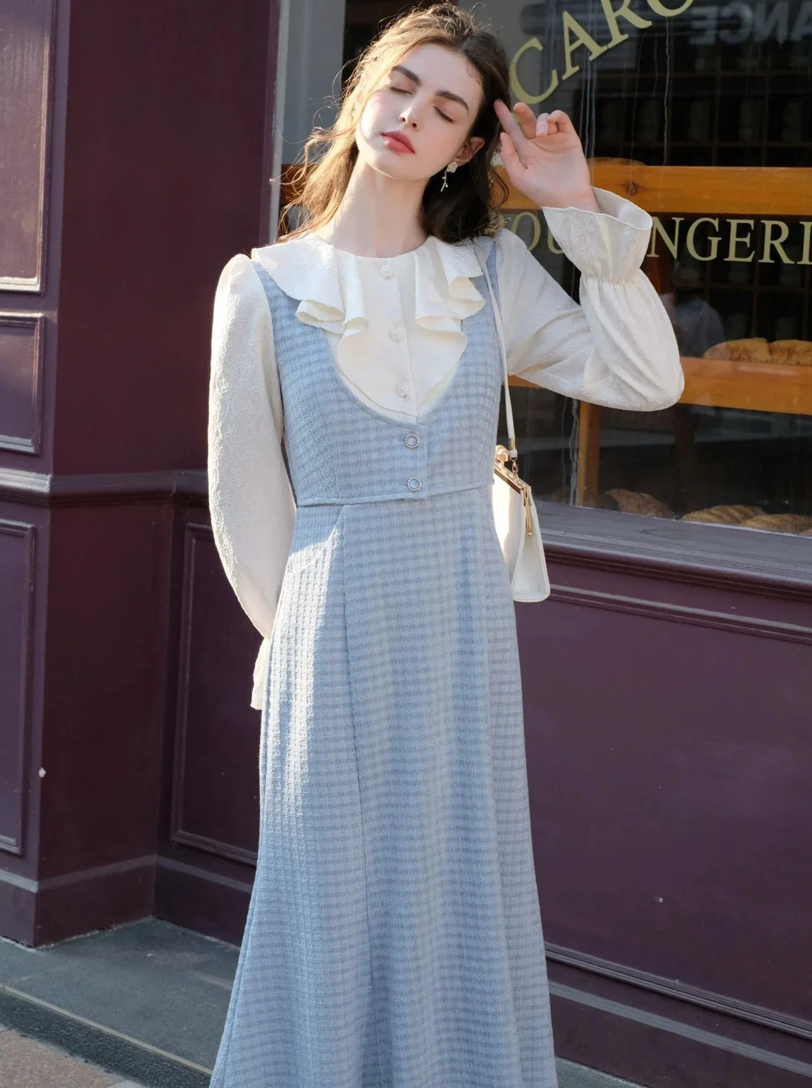 Two Retro Ruffle Check Letter Faux Piece French Dress